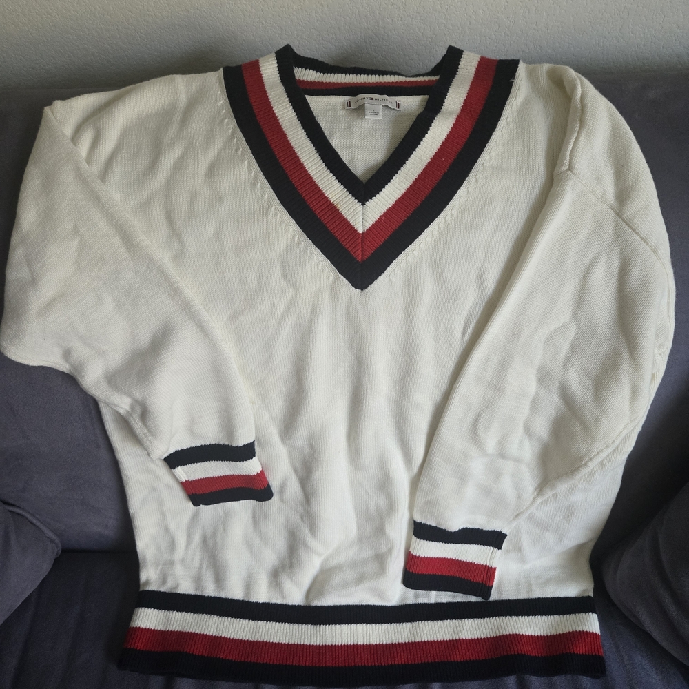 Tommy Hilfiger Cream V-Neck Sweater with Red and Black Stripes